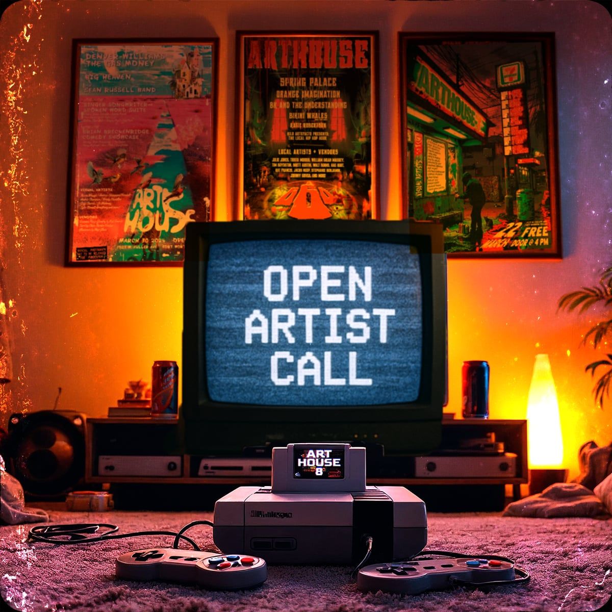 Art House Open Artist Call poster — retro living room with CRT TV announcing 'Open Artist Call'